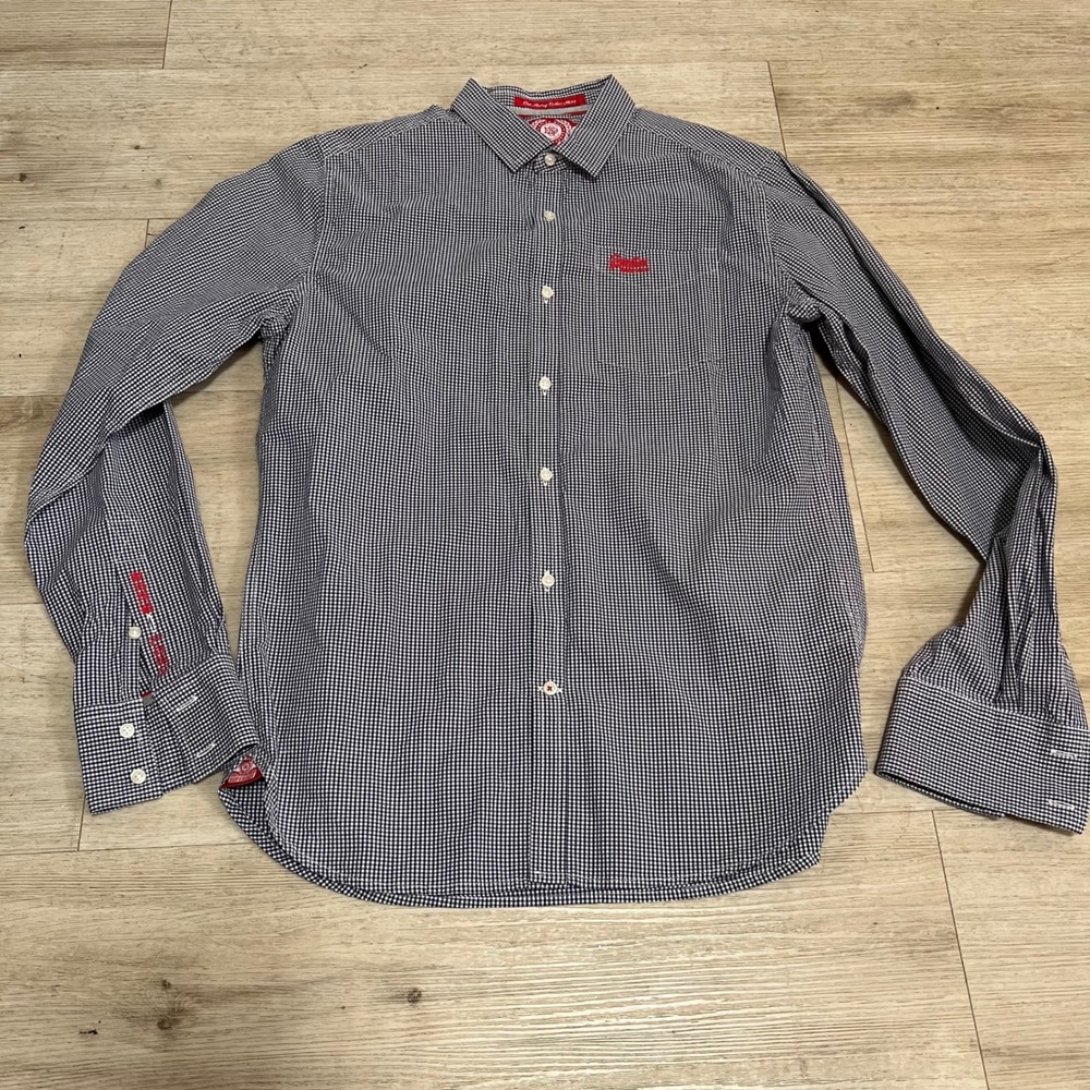 Superdry Gingham Cut Away Collar Shirt Mens‎ Sz L Blue Checkered Button Up